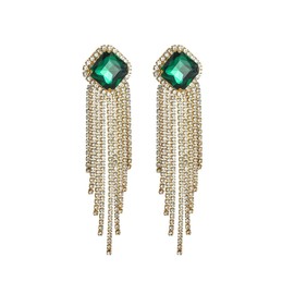 Sparkling Rhinestone Earrings Exaggerate Long Tassel Drop Earring Statement Colourful Gemstone Geometric Earrings Wedding Party Fashion Jewelry for Women (Green)