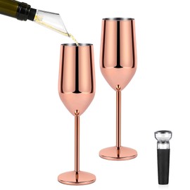 Lifecapido 2 Pack Stainless Steel Champagne Glasses, 8oz Elegant Stainless Steel Champagne Flutes, Stemmed Unbreakable Champagne Glasses for Party Wedding Christmas Anniversary, Rose Gold