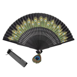 INNOLIFE Peacock Chinese/Japanese Hand Folding Fan Bamboo Carved Frame Silk Craft Fan (Black)