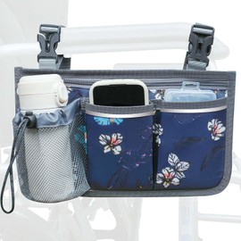 SHIFANQI Wheelchair Bag, Walker Bag, Wheelchair Side Bag, Armrest Organizer Pouch with Cup Holder Attachment and Reflective Strip, Accessories for Most Wheelchairs, Walkers, Rollators, Navy Floral