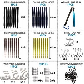 Fishing Neko Rig and Wacky Rigs Kit with 15 Wacky Hooks and 15 Offset Hooks,20 Tungsten Nail Weight,32 Soft Worms,30 Worm O-Rings and Tool,All-in-One Gear for Freshwater Anglers