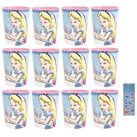 Unique Alice in the Wonderland Birthday Party Supplies Bundle Pack includes 12 Plastic Reusable Cups and 1 Dinosaur Sticker Sheet