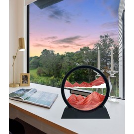 HYUGF Moving Sand Art Picture Decor, 3D Deep Sea Sandscape Liquid Motion, Round Glass Frame Display Flowing Sand Relaxing Gift for Kids Adults Home Office Work Desktop Decoration Toy (Red, 12")