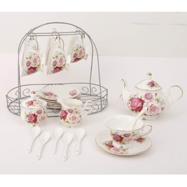 ufengke 15 Piece European Ceramic Tea Sets,Bone China Coffee Set with Metal Holder,Colorful Rose Painting Pumpkin Coffee Tea Pot