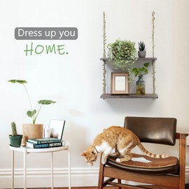 MITIME Hanging Shelves for Wall,2 Tier Window Wall Hanging Shelf for Plant Photo Frames Decorations Display Decor, Green Leaf Rope Farmhouse Wooden Floating Small Bookshelves (Retro Color, 2 Tier)