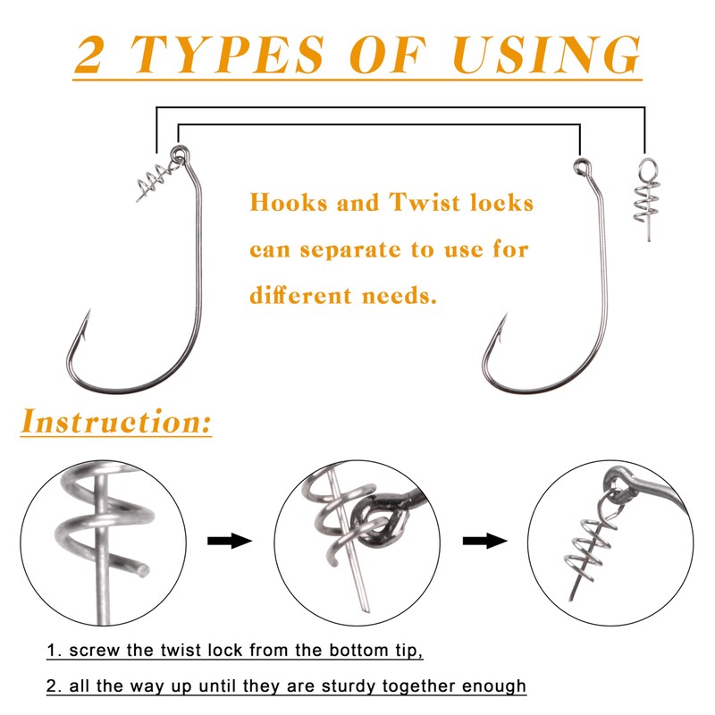 Twistlock Fishing Hooks 50pcs Worm Hooks with Centering Pin Spring