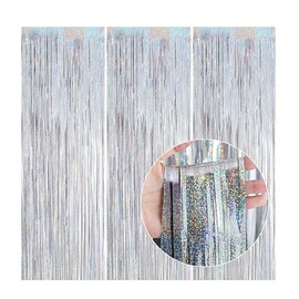 Anreixx Silver Tinsel Party Decorations Foil Fringe Shimmer Curtain, Sparkle Metallic Glitter Party Streamers for Birthday Party Wedding Disco Backdrop-1x2.5m (3 Pack)