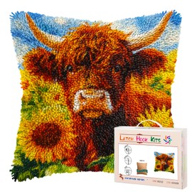 Generic DIY Latch Hook Pillow Kits - Cute Brown Highland Cow & Sunflowers Printed Pillowcase - Crochet Yarns & Hook - 17x17inch - For Adults