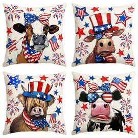 4th of July Pillow Covers 4th of July Throw Pillow Case Thank You Veterans Farmhouse Patriotic Cow Decor Memorial Day Decorations and Supplies for Home Party