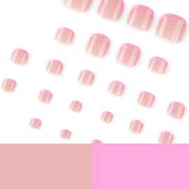 French Tip Press on Toenails Short Square Fake Toenails Shiny Pink Glue on Toenails Cute Stick on Toenails Glossy Acrylic Toenails Full Cover Artificial Toenails Reusable Toenails for Women Girl 24Pcs