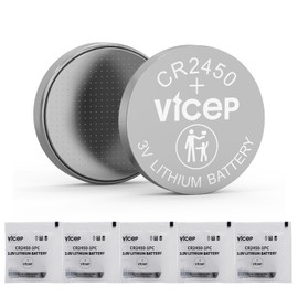 ViCep 5-Pack CR2450 Battery 3V Lithium CR 2450 Coin Cell Compatible with Car Key Fob, Watches, Remote Control, Motion Detector & More, Individual Wrapped