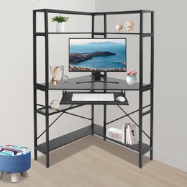 WUPYI Corner Desk with Hutch Computer Desk with LED Lights & Power Outlets,Small Triangle Corner Gaming Desk with Keyboard Tray for Small Space,Home Office (Black)