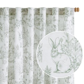 jinchan Linen Nursery Curtains for Bedroom 96 Inch Long Sage Green Toile Curtain Easter Bunny Woodland Farmhouse Curtains Animal Printed Drapes Light FilteringFrench Country Drape Set, 2 Panels