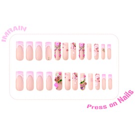 IMRAIN Press on Nails Long Square Fake Nails Pink French Tips False Nails with Rhinestone Designs Acrylic Glue on Nails Glossy Full Cover Cute DIY Nail Art Stick on Nails for Women 24Pcs