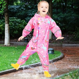 Domueay Raincoat Children's Girls Rain Suit Breathable Waterproof Hood One Piece Lightweight Mud Suit Outdoor Overall Rain Clothing for Toddler Baby 1-9 Years, Pink (pink-1)