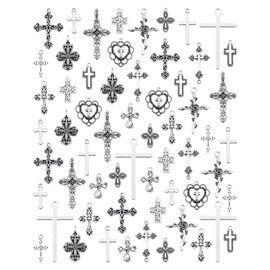 YETOOME 60 Pcs Antique Silver Cross Charms, Alloy Crucifix Pendant Connector for Bracelet Earrings Necklace Jewelry Making (15 Styles)
