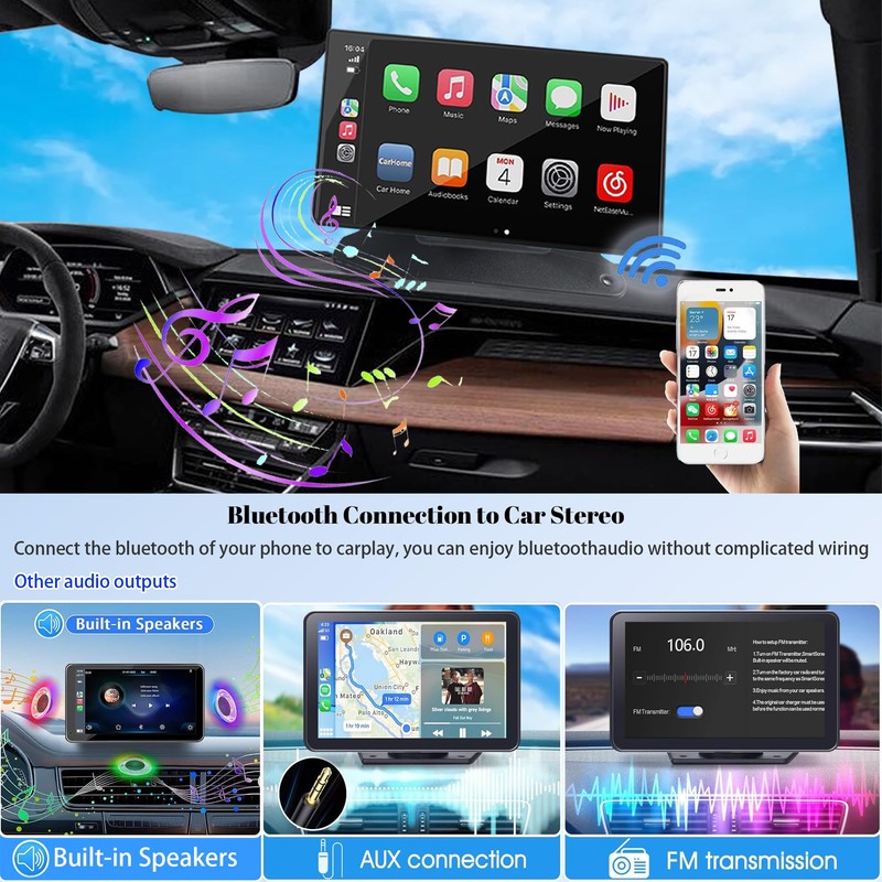 Hynhsun Portable Wireless Apple Carplay/Android Auto Screen for Car, 7"