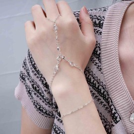 Cimenexe Bohemian Crystal Finger Bracelet Layered Slave Bracelet Silver Cz Paved Ring Bracelet Beach Ring Hand Chain Bracelet Jewelry for Women and Girls Gifts