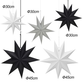 Linkbro Pack of 5 Scandinavian Paper Stars for Christmas Decoration, 9 Prong Poinsettias, 30 cm x 3 + 45 cm x 2, for Hanging Christmas Decoration, Window Decoration (Black, White, Grey)