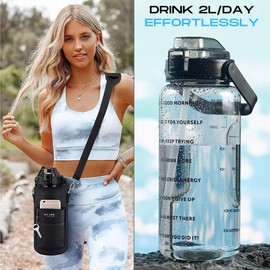 Motivierende Wasserflasche 2L | inkl. Neoprenhülle mit Taschen, Gurt, Stroh, Bürste | Wasserdichter Automatischer Stopper mit Sichloss | Trinkflasche für Gym, Sport, Trekking | BPA-frei