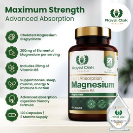 Magnesium Bisglycinate with Vitamin B6 x120 Capsules | Advanced Chelated Formula for Optimal Absorption Providing 200mg of High Strength Elemental Magnesium. Vegan & UK Made by Royal Oak Health