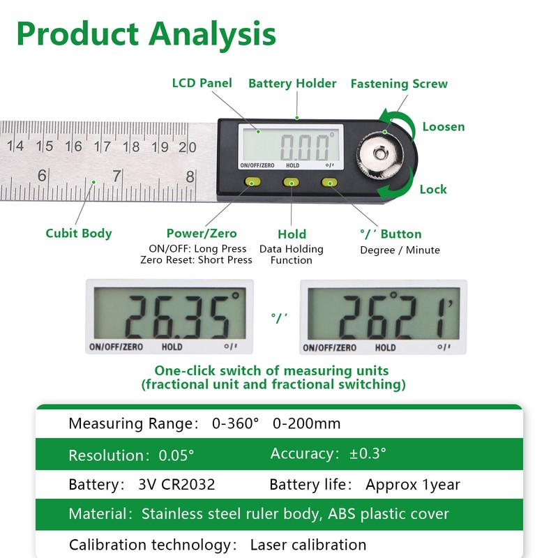 Wengart Digital Angle Finder Ruler,8 Inch / 200 mm,360° Measuring