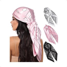 35” Large Square Satin Head Scarf - 3Pcs Satin Hair Scarves Silk Bandana Scarf Headscarf Silk Feeling Scarf for Women - Color: Cashew (Black/White/Pink)