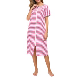 Vslarh Women Short Sleeve Zip Front Nightgowns Full Length Cotton Robes Loose Housecoat Loungewear with Pockets (W&R,Large)