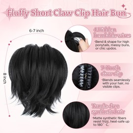 SEGOHAIR Claw Clip Short Ponytail Hair Extensions Messy Bun Hair Piece for Women with DIY Bendable Metals Straight Synthetic Fake Hairpieces #1B Jet Black