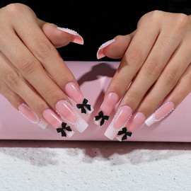 Press on Nails Coffin Long French 24Pcs Glossy Full Cover Acrylic Square False Nails with Pear Bow Designs Artificial Ballerina Fake Nails with Charms Glue Stick on Fingernails for Women Girls