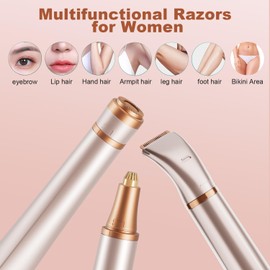 Facial Hair Remover for Women: Rechargeable 3-in-1 Female Eyebrow Trimmer, Facial Razor and Body Hair Razor，(Gold)