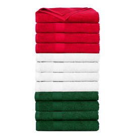 Ample Decor Hand Towels Set of 12 for Bathroom 100% Cotton 18 X 28 Inch 600 GSM Quick Drying - White, Red & Green