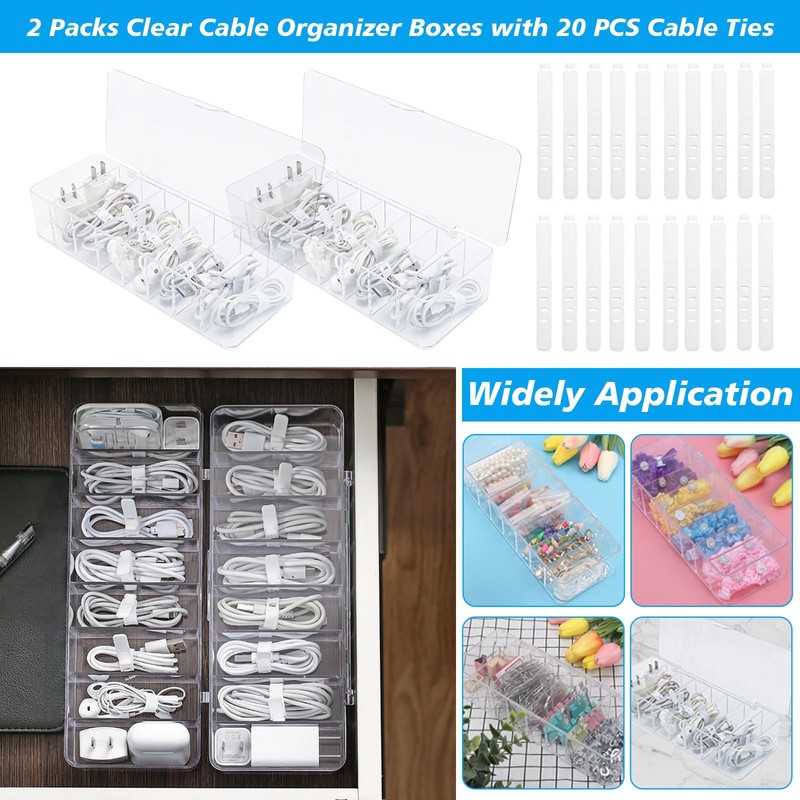 2 Packs Clear Cable Organizer Boxes with 20 PCS Cable