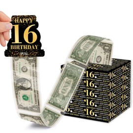16th Birthday Party Gifts, 16th Birthday Party Decorations for Boys Girls - Black and Gold Money Pull Box for Man Women, 16 Years Old Birthday Cash Gift Ideas