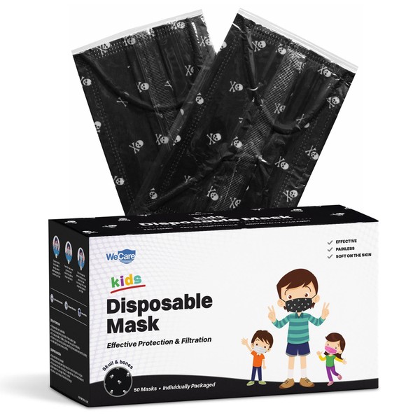 WECARE 50 Box, Individually-Wrapped Masks - Skull & Bones - KIDS