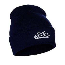 I&W Classic USA Cities Winter Knit Cuffed Beanie Hat 3D Raised Layer Letters, Dallas Navy, White Black