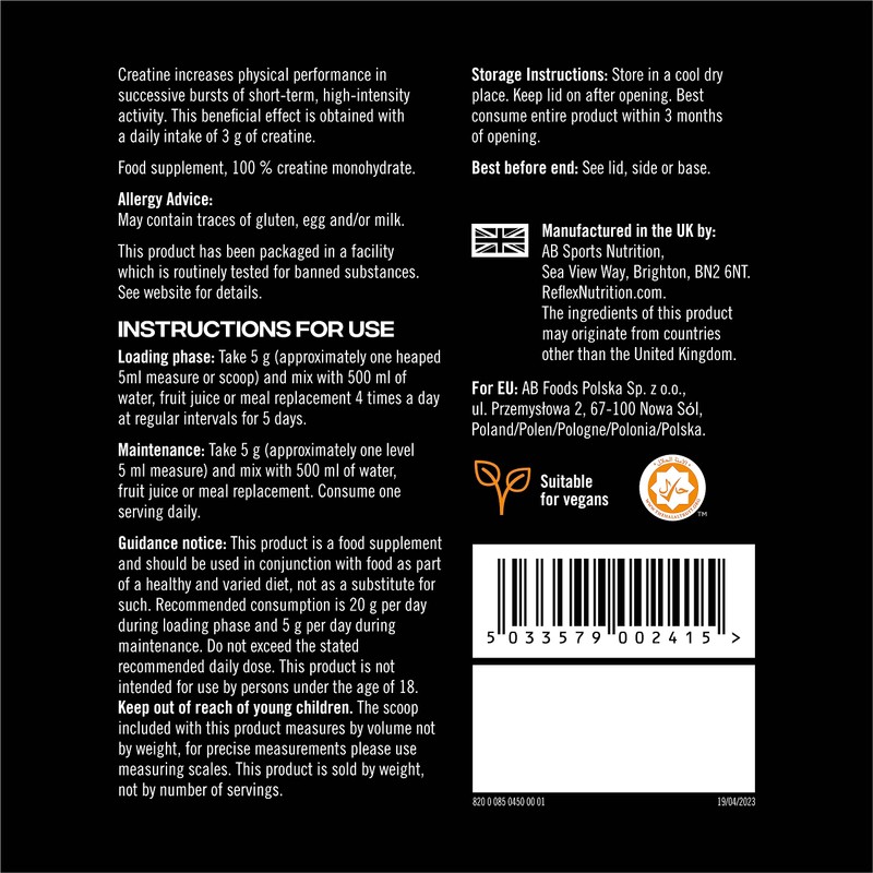 Reflex Nutrition Creatine Monohydrate, 100 Percent Creatine Monohydrate, 450g