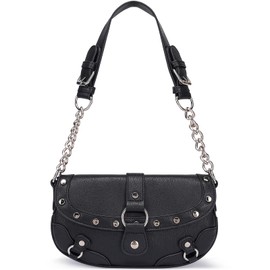 HIYOLALA Women's Punk Retro Y2k Mini Purse Rivets Small Saddle Shoulder Bag with Chain Strap and Buckles