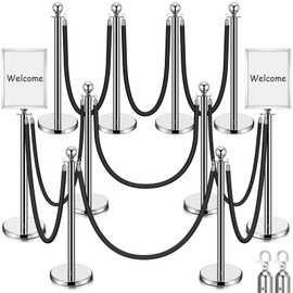 Blulu 8 Sets Stainless Steel Stanchion Set 8 Crowd Control Poles 7 Velvet Ropes and 2 A3 Sign Holders Carpet Ropes and Hollow Base Poles Easy Assembly Safety Barrier for Event Party (Silver)