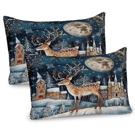 Ambesonne Christmas Pillow Sham Set of 2, Xmas Eve Starry Night in Snowy Town with Starry Sky Reindeer and Moon, Quality Microfiber Bedding Item for All Seasons, 26" x 20", Cocoa Dark Slate Blue