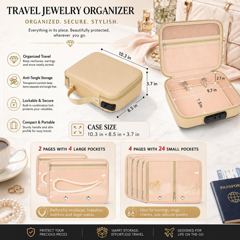 Fireproof Travel Jewelry Organizer Case with Lock & 6 Binder