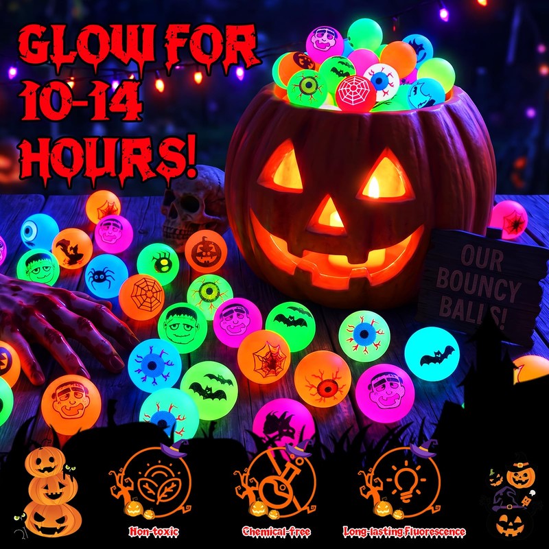 Tiaxidex 72PCS Halloween Party Favors, Bouncy Balls, Glow In The