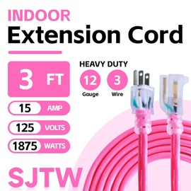 Ultra Explorer Indoor Extension Cord Waterproof 3 FT, 12 Gauge Heavy Duty Pink Extension Cord SJTW, Flexible Cold-Resistant 3 Prong Grounded Power Cord for Lawn, Garden, Appliance, UL Listed