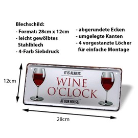 Tin Sign It's Always WINE O'CLOCK at our house – Decorative Tin Sign – Metal Sign with Funny Saying for Wine Connoisseurs – Gift for Wine Connoisseurs – Decorative Kitchen, Wine Cellar, Wine Bar, Wine