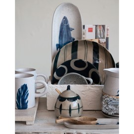 Creative Co-Op Stoneware Pot with Painted Designs and Bamboo Spoon, Midnight Blue and Cream, Set of 3 Pieces Sugar and Creamer