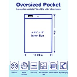 SUNEE 100 Packs Oversized Reusable Dry Erase Pocket Sleeves with 5 Rings, 10 Assorted Colors 10x14 Ticket Holders, Clear Plastic Sheet Protectors, Teacher School Classroom Supplies