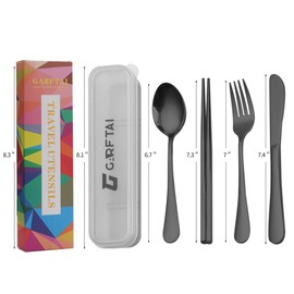 GARFTAI Portable travel utensils set with case. 4Pcs Stainless teel black silverware travel set .Reusable camping utensils silverware.Include knife fork spoon chopsticks with case (Black)