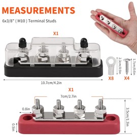 12V - 48V DC 100 Amp Power Distribution Block Bus Bar Terminal Block, 4 x 3/16" post terminals With Cover for Cars RVs Ships Yachts(Pair, Red & Black)