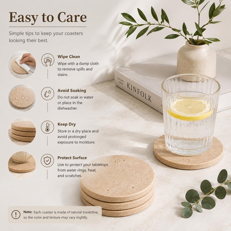 4" Natural Travertine Stone Coasters Set of 4,Round Stone Cup