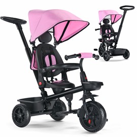 TODUFULL Folding Kids' Tricycle, 8 IN1 Baby Trike W/Removable Canpoy&Parental Push Rod, Toddler Bike Stroller for Kids 1-5 Years, 360° Swivel Seat, EVA Wheels, Storage Basket, Pink